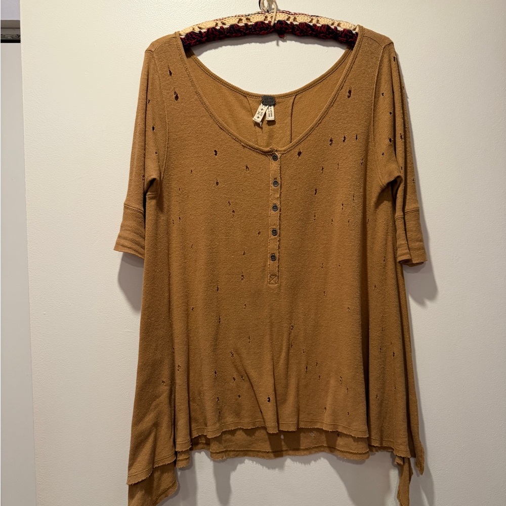 We The Free Brown Distressed Button-Up Tunic